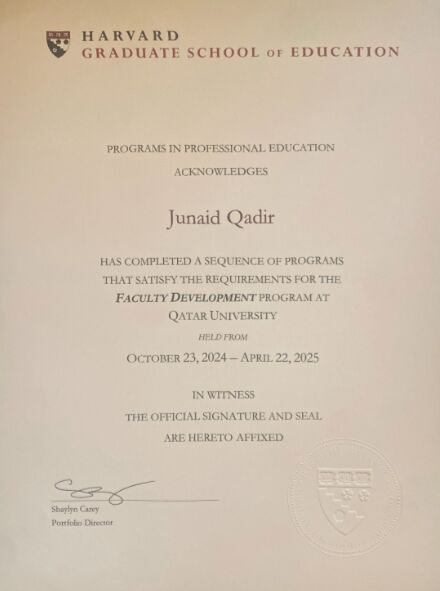 Harvard Graduate School of Education certificate: Faculty Development program at Qatar University, October 2024 to April 2025